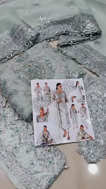 Laam Sea Green Heavy Embroidered Organza Untitched Suit