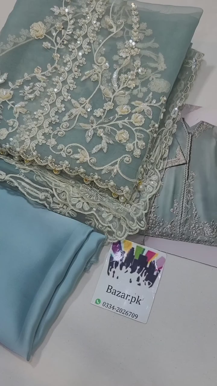 Agha Noor Heavy Embroidered Unstitched Organza Suit