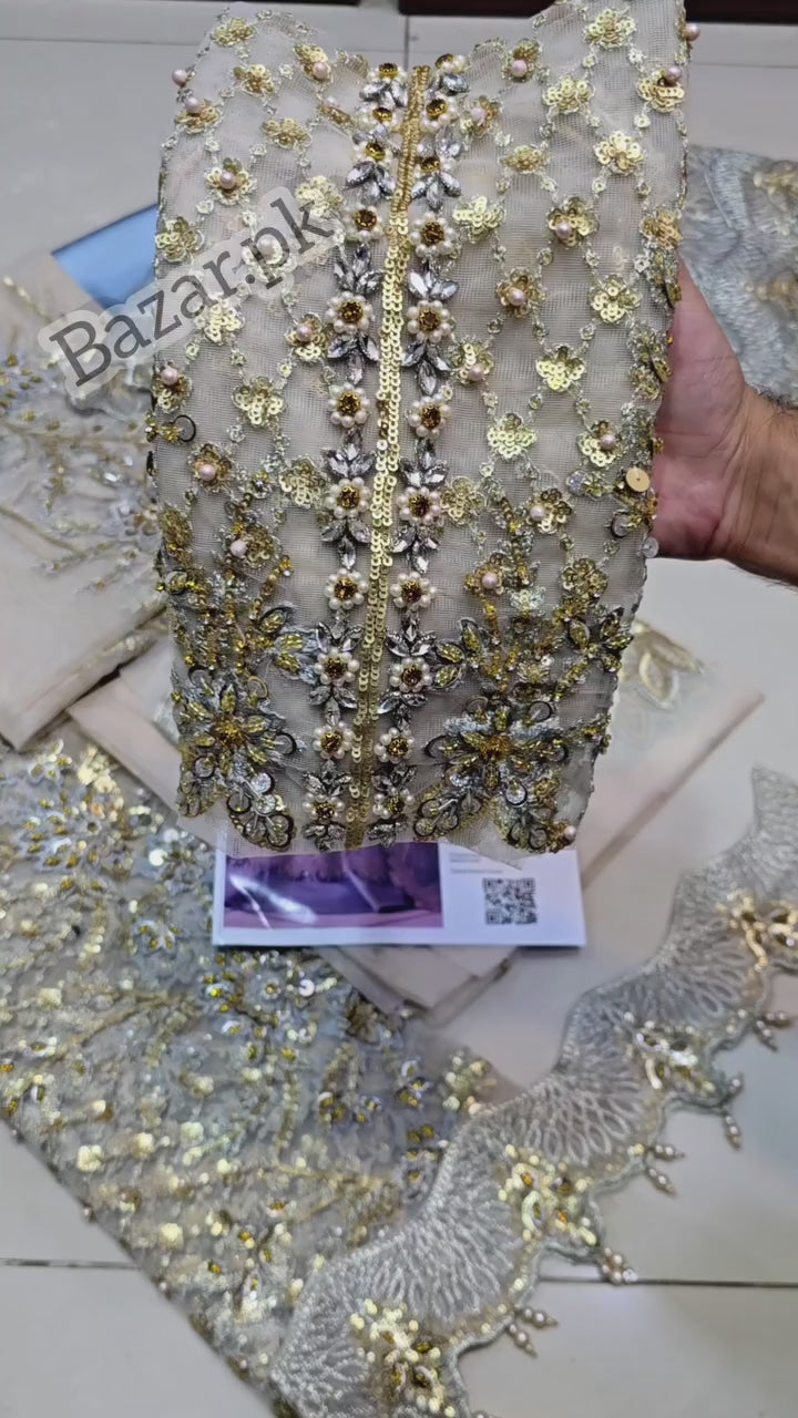 Maria B Mbroidered 3 Piece Unstitched Embroidered Net Maxi