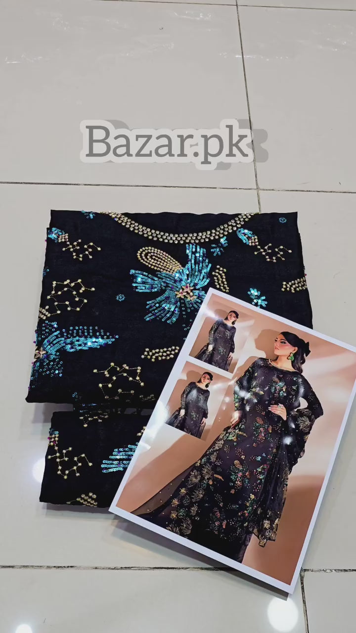 Nureh 3 Piece Pret Suit Black Raw Silk