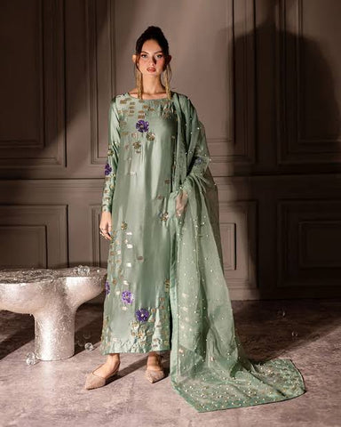 Nureh Rawsilk Hande Embellished & Embroidered 3 Piece