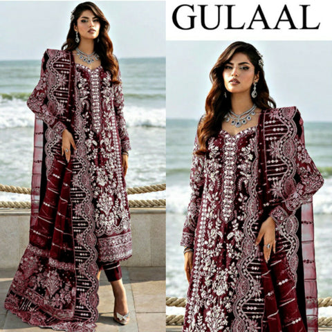 Gulal Mahroon Net 3 Piece Unstitched