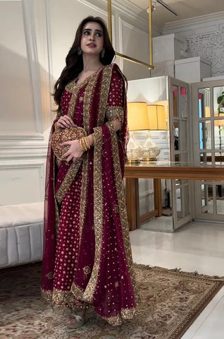 Haris Shakeel Shocking Pink Embroidered Chiffon Suit