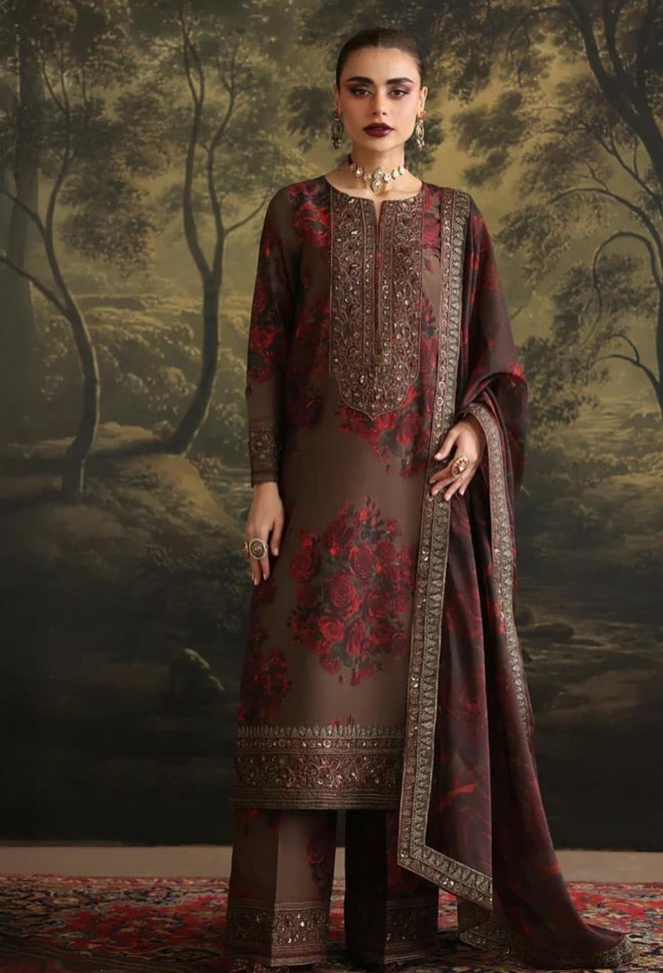 Humjoli Crepe BROWN ROME Silk Digital Print 3 Piece